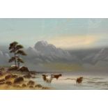 Wilfred Caton, Highland Cattle at the edge of a Loch with Distant Mountains, gouache, signed