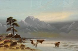 Wilfred Caton, Highland Cattle at the edge of a Loch with Distant Mountains, gouache, signed