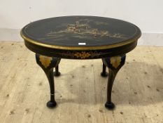 An early 20th century ebonised low table, the oval top with lacquered chinoiserie decoration, raised