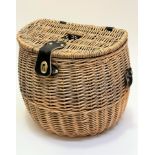 A handmade wicker bow front fishing creel with leather strap mounts, (31cm x 34cm)