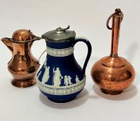 A Wedgwood Royal blue Jasperware jug with Epns mount, decorated with traditional Roman figures,