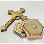 A Jerusalem olive wood mother of pearl and red foil mounted cross with plastic figure of Christ, (
