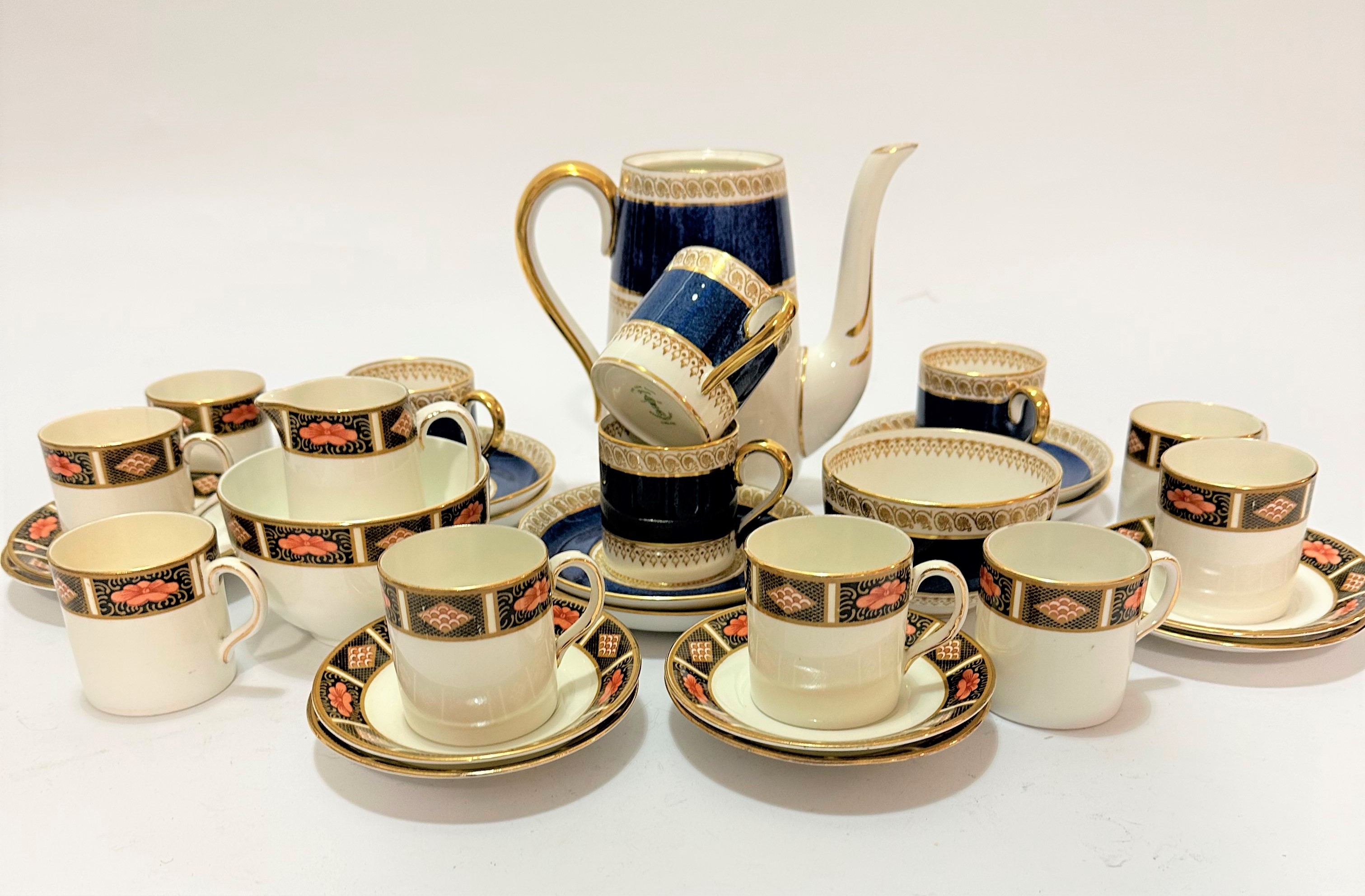 An Allerton's Old English china Imari style decorated bordered coffee set of seventeen pieces (17)