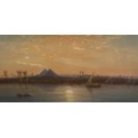 In the style of Augustus Osborne Lamplaugh, (British 1877-1930) Boats on the Nile by the Pyramids at