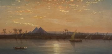 In the style of Augustus Osborne Lamplaugh, (British 1877-1930) Boats on the Nile by the Pyramids at