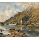 19thc Scottish School, Ruined Highland Castle by Loch, watercolour, signed indistinctly, dated