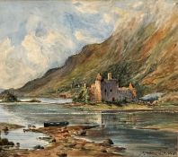 19thc Scottish School, Ruined Highland Castle by Loch, watercolour, signed indistinctly, dated