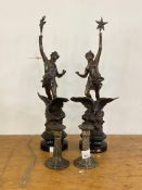 A Pair of French bronzed spelter figures, one titled La nuit H52cm together with a pair of Chinese