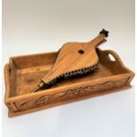A vintage style pine bellows with brass mounted finial and goat skin bellows, (68cm x 22cm) and a