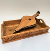 A vintage style pine bellows with brass mounted finial and goat skin bellows, (68cm x 22cm) and a