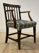 A Regency elm elbow chair, with reeded spar back, open arms, upholstered seat and square tapered