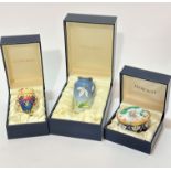 Three Moorcroft handpainted, enamel on copper vases and box, including an oval patch box decorated