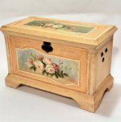 A painted miniature pine kist, the hinged top with moulded edge enclosing a felted lined interior