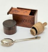 A Continental 800 standard pierced infusing spoon, stamped verso 800, and a treen miniature box (5.