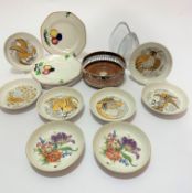 A set of six German modern circular dishes decorated with gilt, exotic birds including peacock, owl,