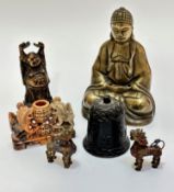 A modern Chinese cast brass seated Buddha on a lotus style base, (20cm x 14cm x 8cm) patented