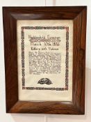 A 19th century rosewood frame containing an illuminated panel "Huddersfield examiner March 10th 1836