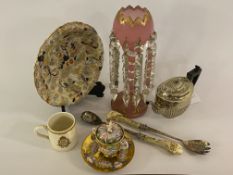 A mixed lot to include a 19th century pink Bohemian glass table lustre, with faceted drops (H34) a