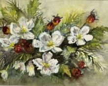 Mina Strachan, Christmas Roses and Berries, watercolour and gouache, signed bottom right, paper