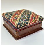 A Victorian foot rest, the square top with hand done grospoint floral upholstered top, on mahogany