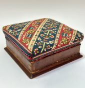 A Victorian foot rest, the square top with hand done grospoint floral upholstered top, on mahogany