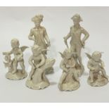 A set of four Dresden Hendarbeit blanc de chine putti figures of the Four Seasons, (tallest h 16cm),