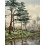RHM, Highland Stream with Scot's Pines, watercolour, signed lower left with initials, gilt glazed