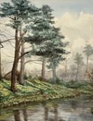 RHM, Highland Stream with Scot's Pines, watercolour, signed lower left with initials, gilt glazed