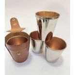 Mawson's of Newcastle set of four Epns gilt lined travelling stirrup cups, complete with leather