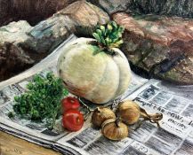Still Life with Turnips, Onions and Tomatoes, entitled verso The Forgotten Snowball, oil on