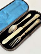 A Victorian silver composite christening set with beaded border, London silver spoon by George