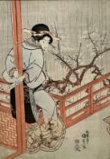 Late 19thc early 20thc Japanese wood block print depicting Female Figure on Balcony Holding a