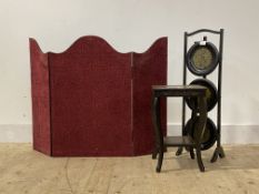 A bifold table screen (H77cm) a brass inlaid cake stand (H80cm) and a painted occasional table, (