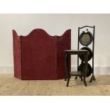A bifold table screen (H77cm) a brass inlaid cake stand (H80cm) and a painted occasional table, (