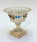 A modern Dresden porcelain fruit basket with pierced scalloped top with floral encrusted and