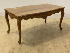 A French style walnut serpentine low table raised on cabriole supports, H54cm, W116cm, D65cm
