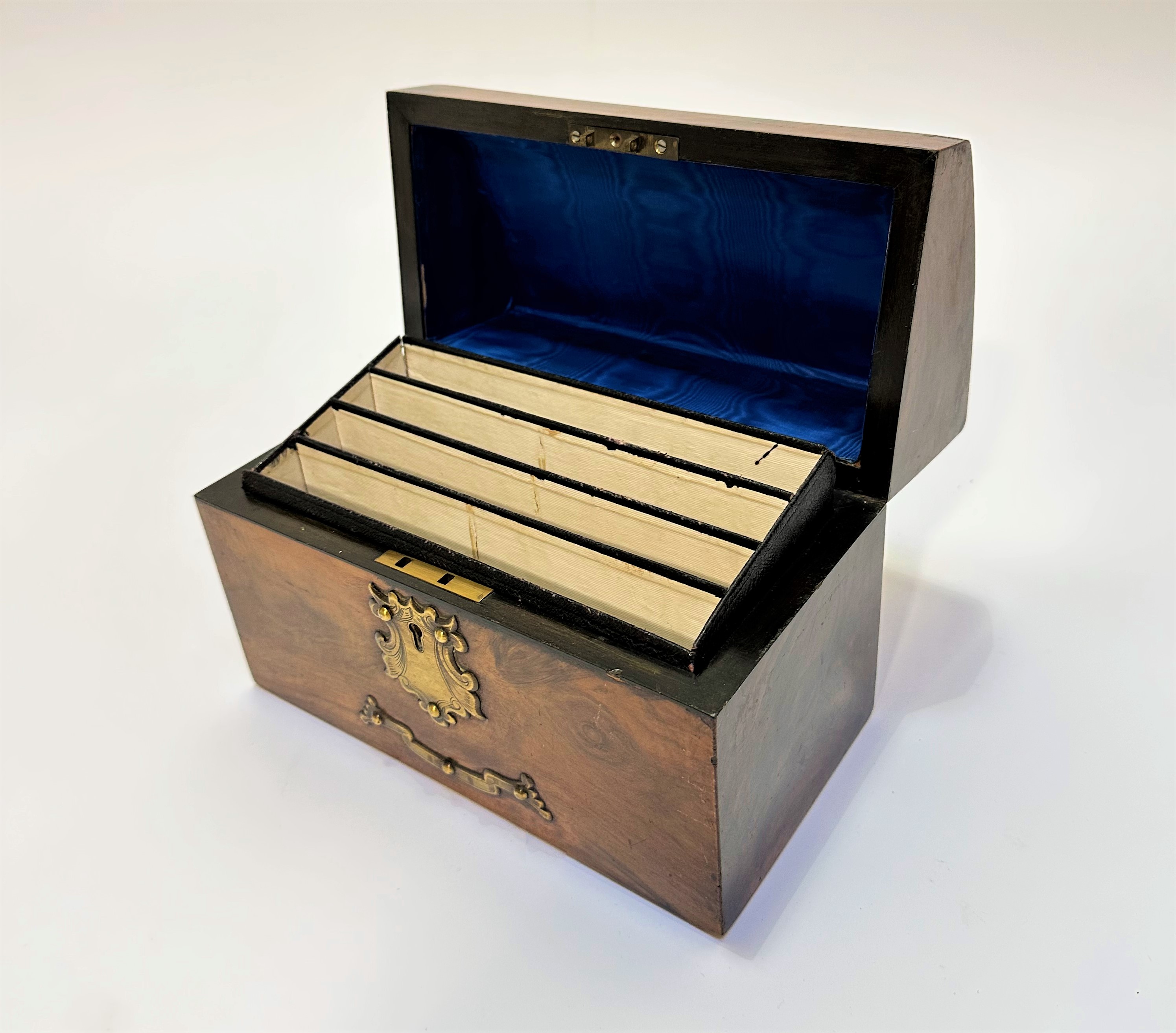 A Victorian burr walnut slope front stationery box with brass shield shape plaque to front and - Image 2 of 2