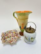 A Myott and Son & Co hand painted 1930s tapered jug with C scroll handle to side, with stylised