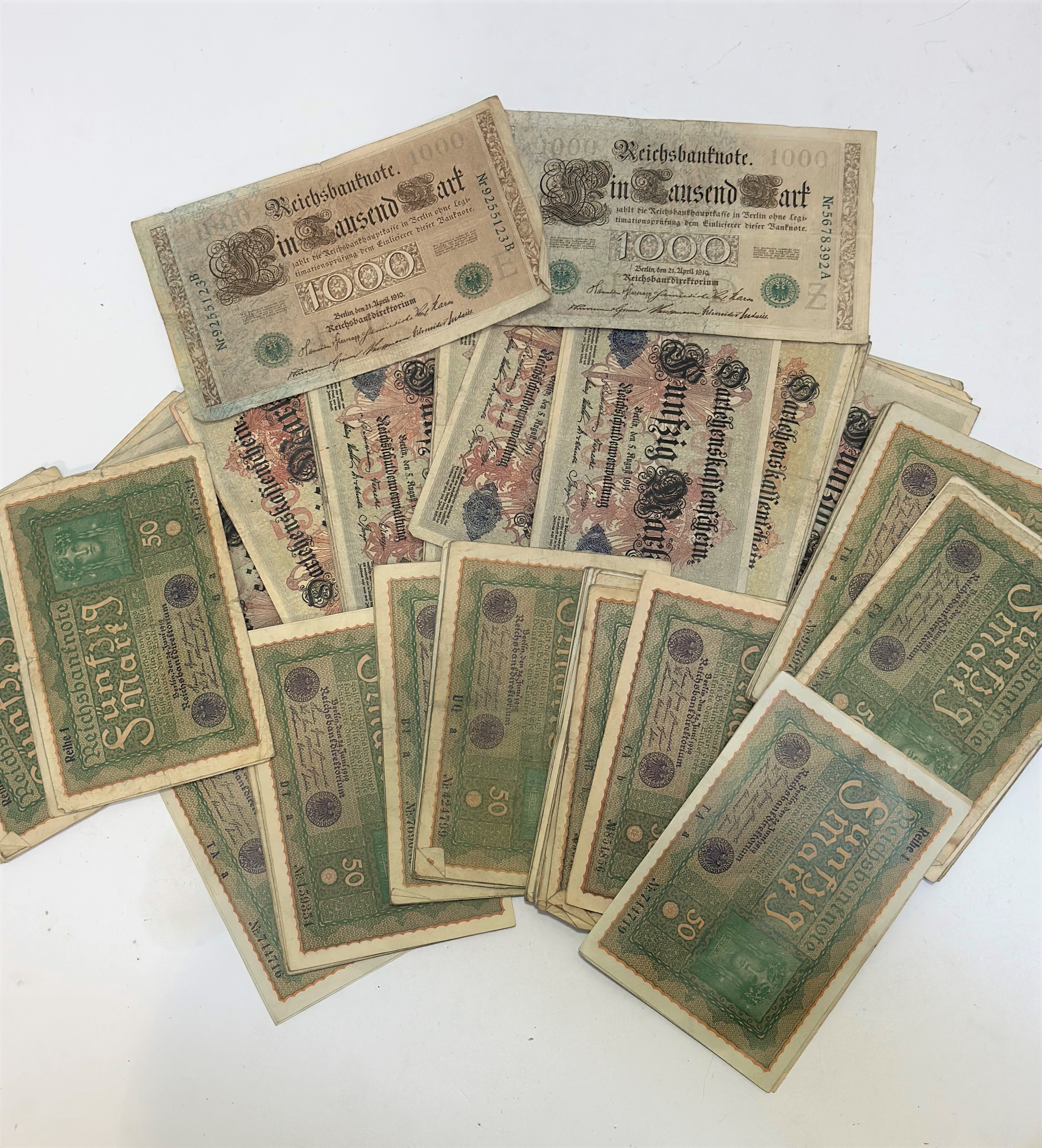 194 German banknotes, one third for 5th August 1915, 50marknotes (2 £5 each), two for 1910 1000 mark