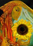 Maria Rud, Figure with Sunflower, oil on canvas, signed and dated lower left, (100cm x 76cm)