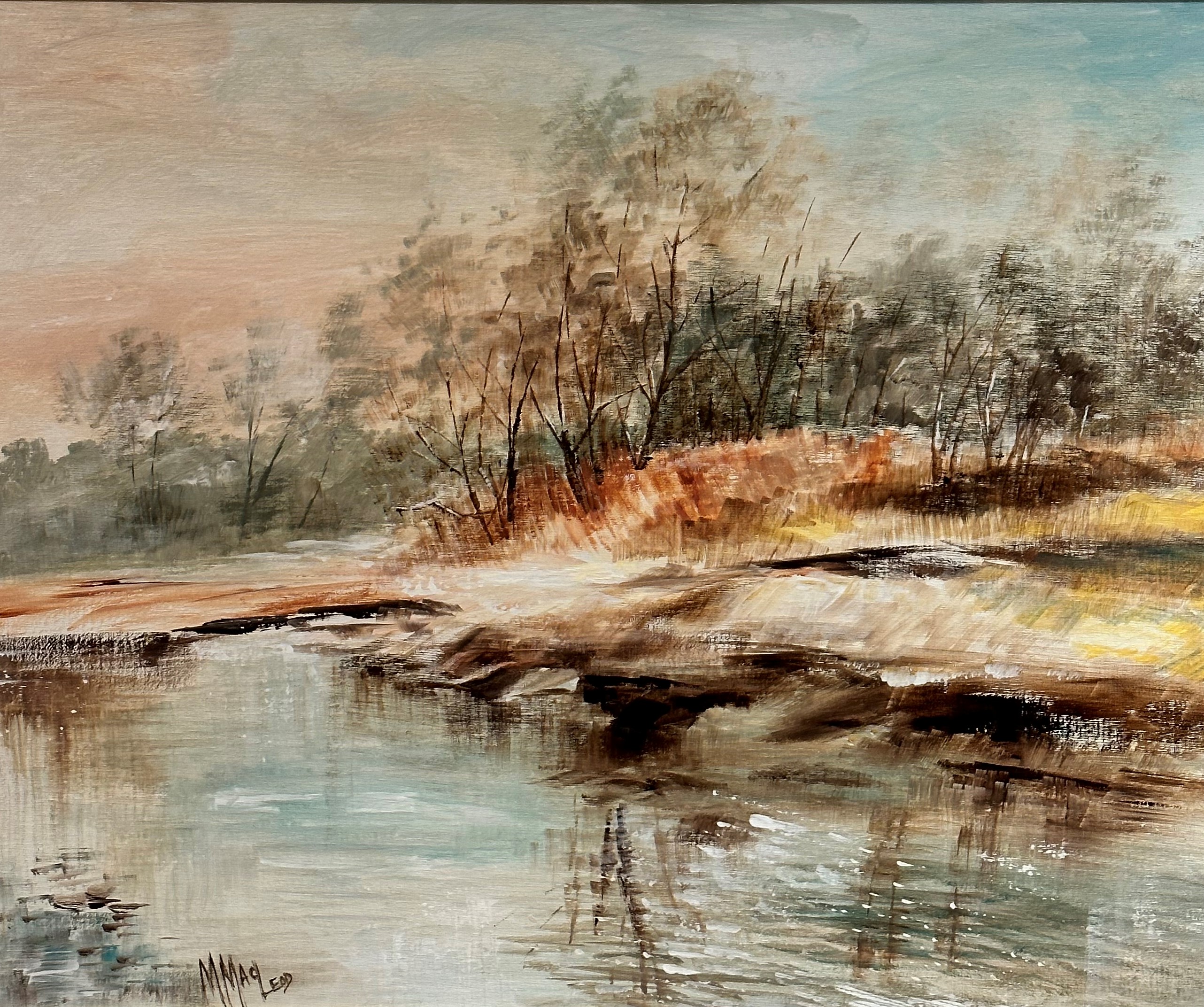 Muriel Macloed, Autumn Riverscape, oil on canvas board, signed bottom left, white and hessian