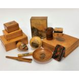 A collection of satinwood birch Mauchline style ware including a rectangular box decorated with view