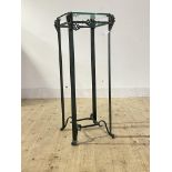 A patinated metal and glass jardienere stand, H96cm, 38cm x 38cm