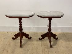 A near pair of carved wood tripod tables with moulded marble tops H61cm, D35cm, W51cm