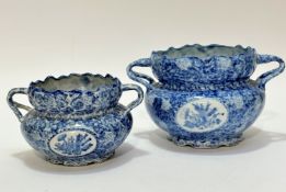 Two Chinese blue and white decorated two handled jardinieres with scalloped tops decorated with