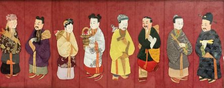 A late 19thc early 20thc Chinese mixed media panel of eight various Chinese figures including