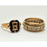 A 9ct gold onyx and gold mounted signet style ring with leaf, a/f (k), and a yellow metal eternity