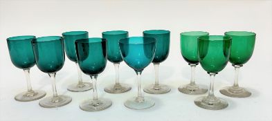 A set of six blue Edwardian cordial glasses, (13.5cm x 6cm) on clear glass stems, three green