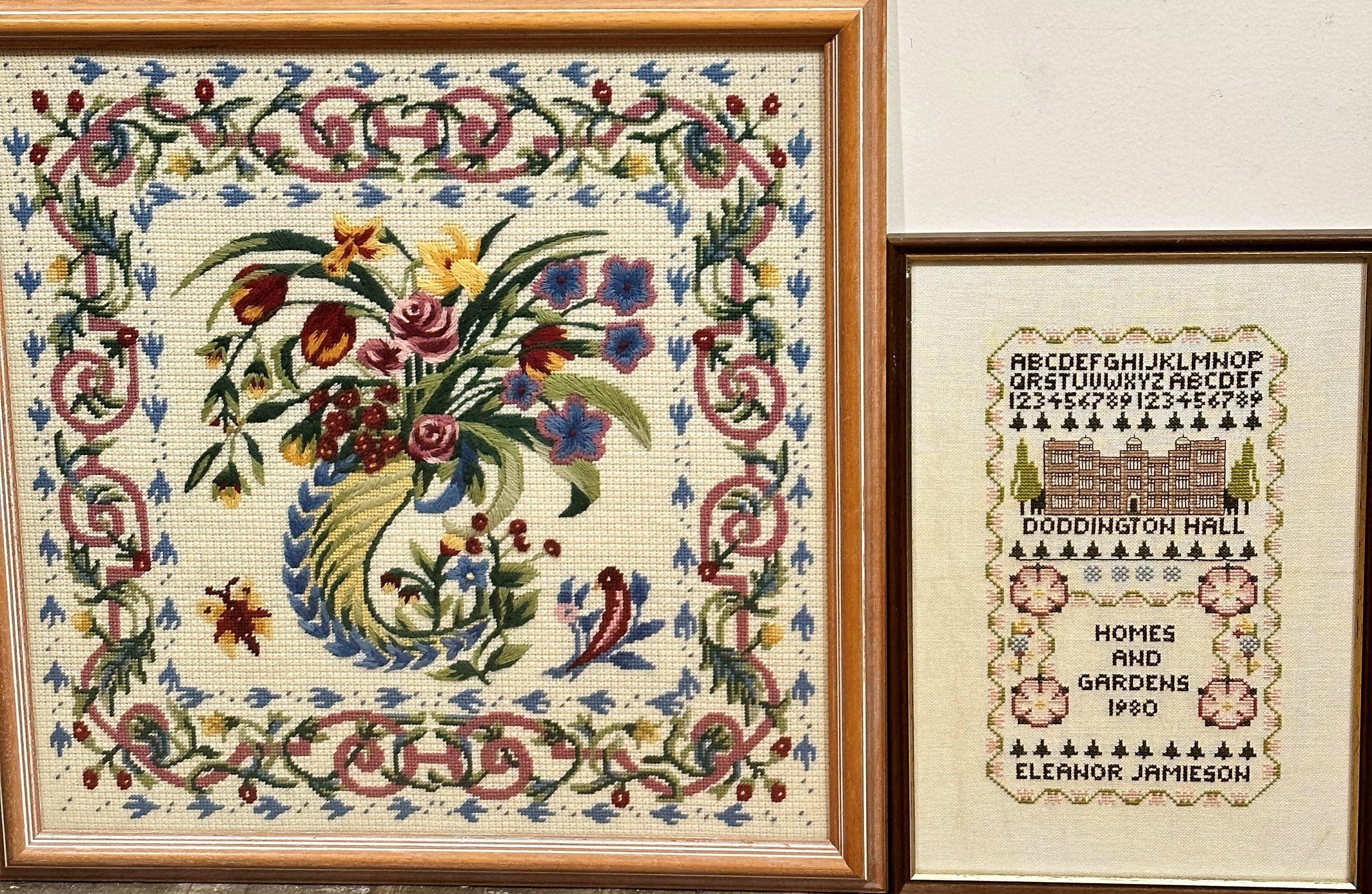 A sewn work sampler on linen with Doddington Hall Homes and Garden 1980, Eleanor Jamieson, oak