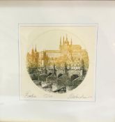 Alex Sanderson, Praha, engraving, highlighted with colour, 57/150, signed bottom right, gilt